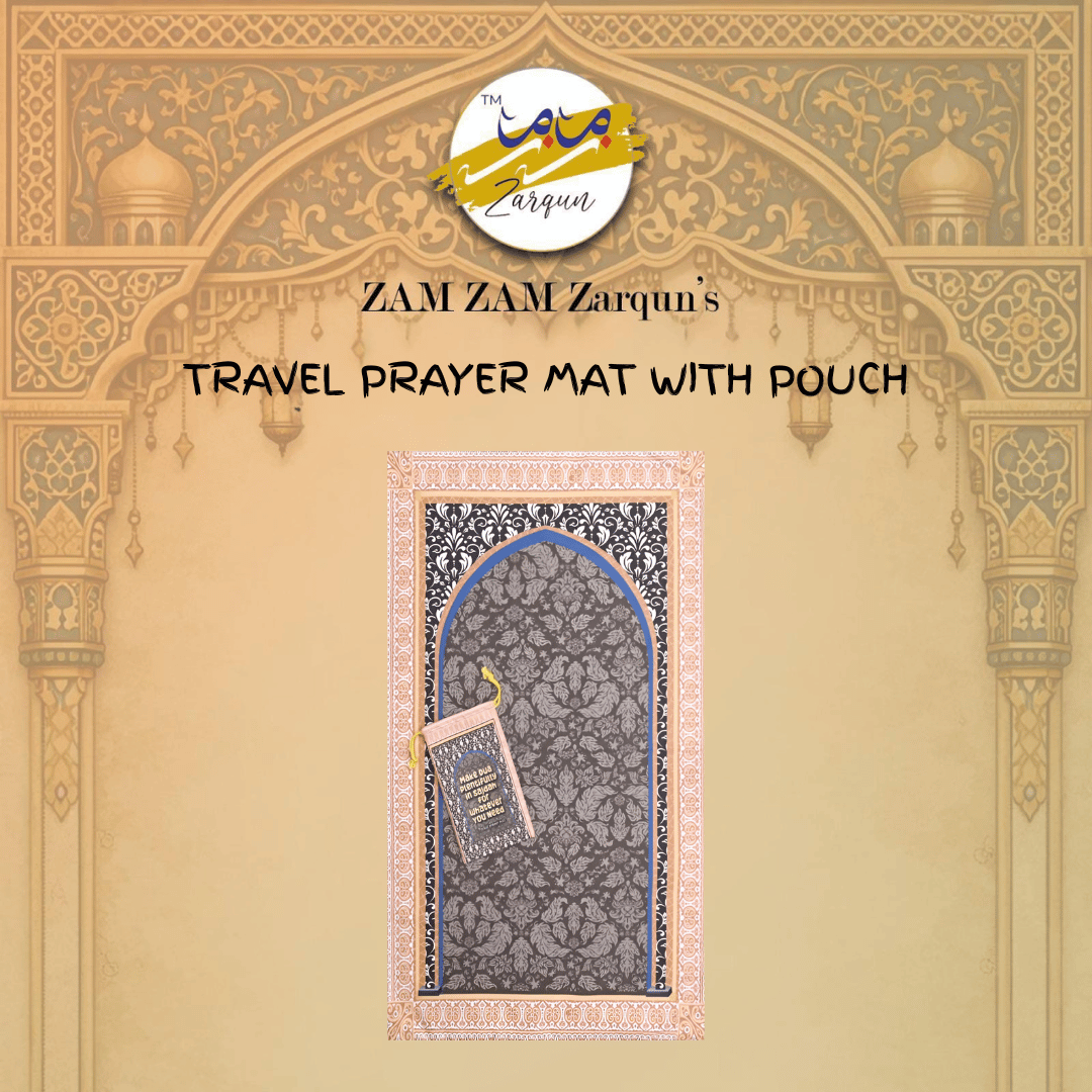 Travel Janamaz prayer mat by Zamzam Zarqun LLC, compact and foldable for easy carrying during travel.