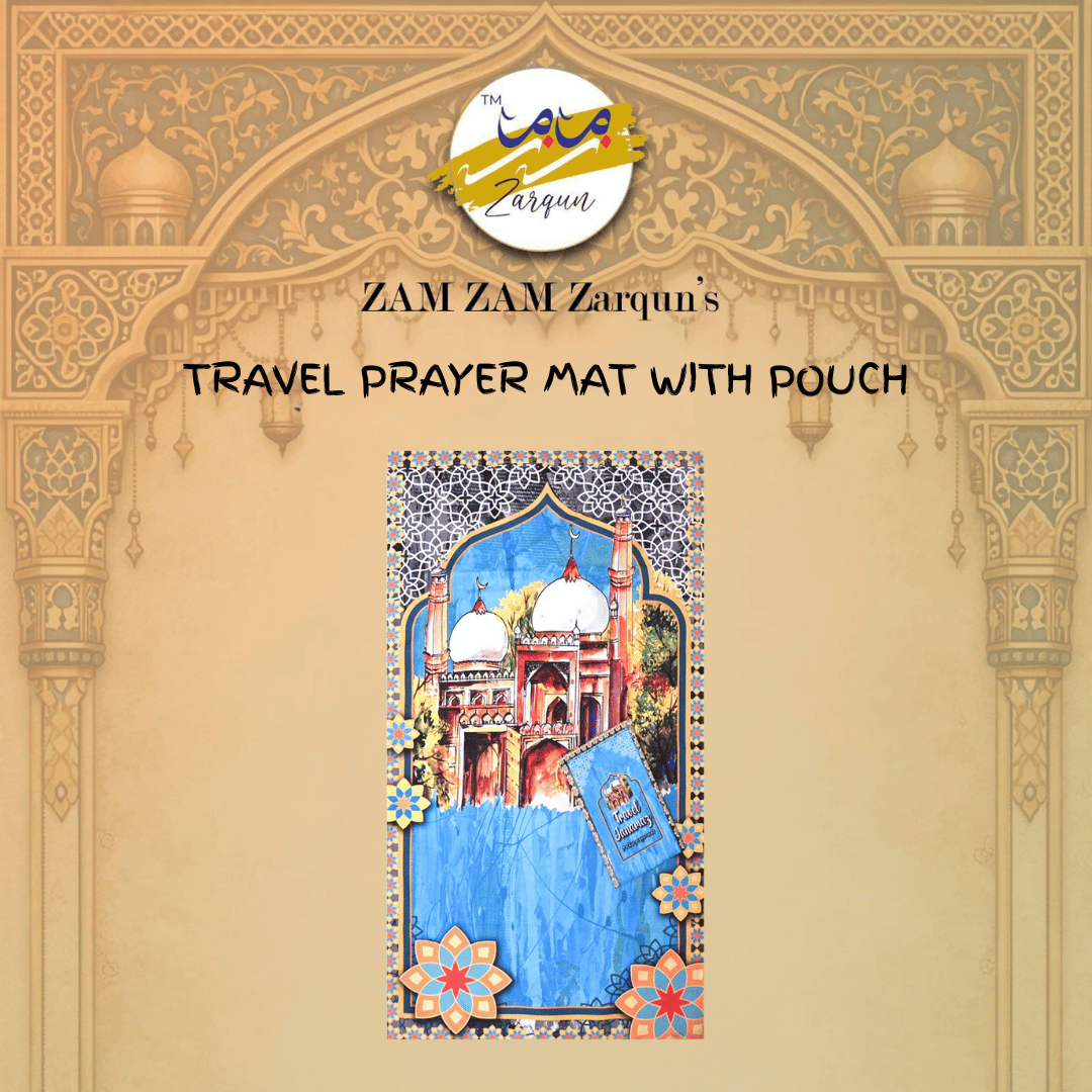Travel janamaz prayer mat with elegant design and pocket, ideal for on-the-go worship, by Zamzam Zarqun LLC.