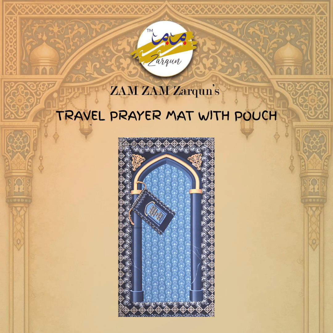 Travel Janamaz prayer mat by Zamzam Zarqun LLC, compact pocket prayer mat with Islamic design for easy portability.
