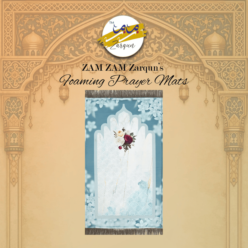 Foaming prayer mat by Zamzam Zarqun LLC with plush surface and vibrant design, ideal for comfortable prayer sessions.