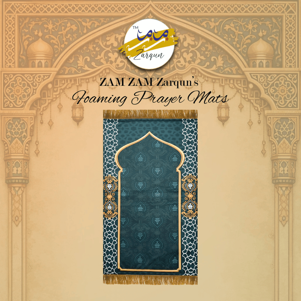 Foaming prayer mat by Zamzam Zarqun LLC featuring a comfortable, luxurious design with foam cushioning and intricate patterns.