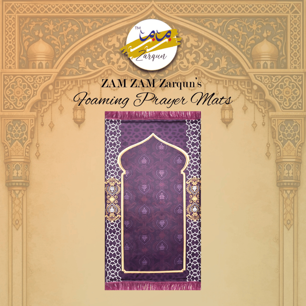 Foaming Janamaz prayer mat from Pakistan by Zamzam Zarqun LLC, featuring intricate patterns and soft cushioning for comfortable prayer.