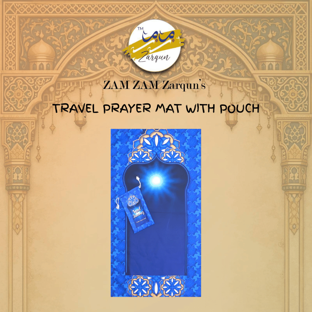 Travel Janamaz Galactic Glow Pocket Prayer Mat by Zamzam Zarqun LLC, compact and portable for prayer on the go.