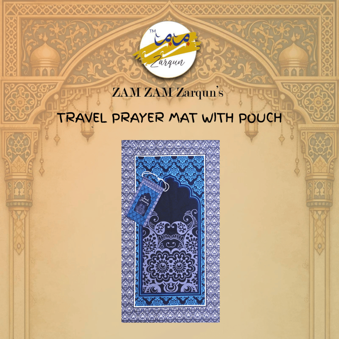 Travel Janamaz prayer mat from Zamzam Zarqun LLC featuring a compact, foldable design with intricate glow-inspired patterns.