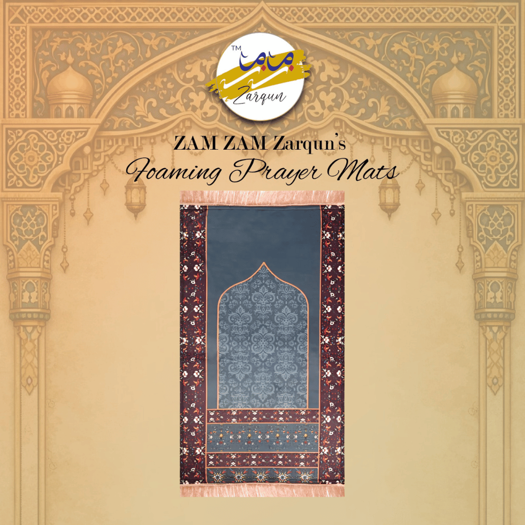 Foaming prayer mat by Zamzam Zarqun LLC, stylish and comfortable Janamaz for modern living prayer needs.