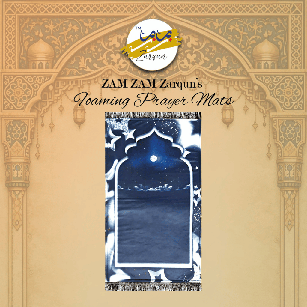 Dark blue foaming travel janamaz prayer mat from Zamzam Zarqun LLC, lightweight and portable for convenient prayer occasions.