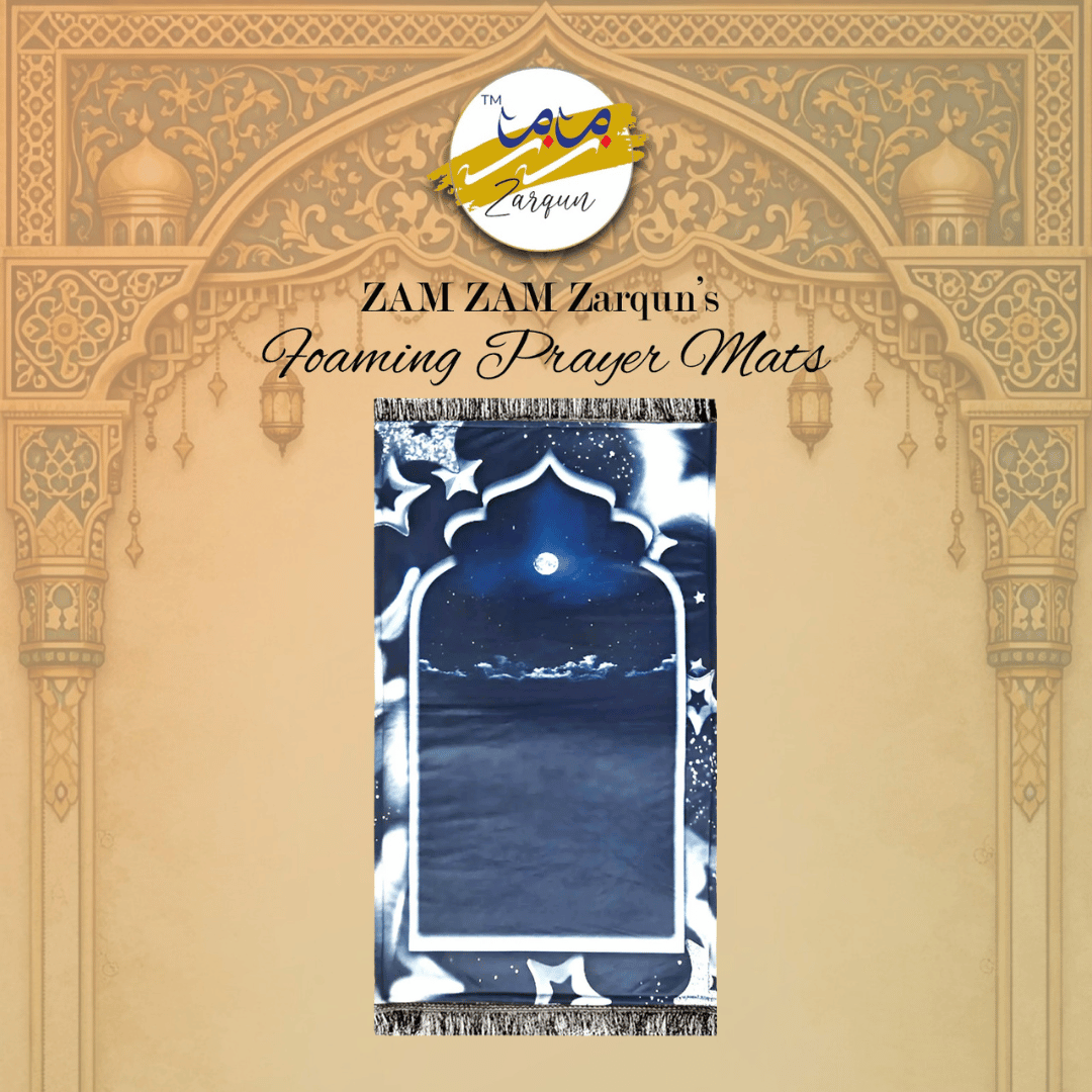 Dark blue foaming travel janamaz prayer mat from Zamzam Zarqun LLC, lightweight and portable for convenient prayer occasions.