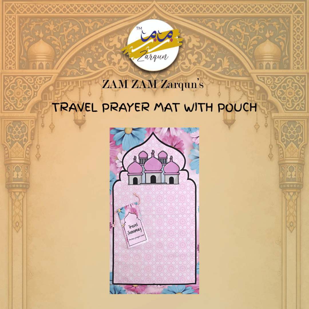 Travel Janamaz mosque of Blooms pocket prayer mat by Zamzam Zarqun LLC, featuring floral design and compact size for prayer on the go.