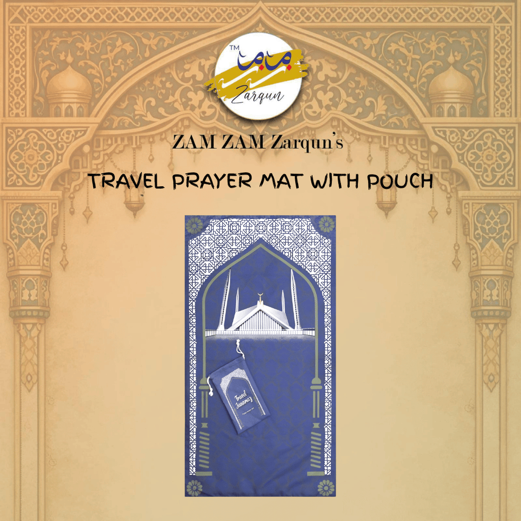 Travel prayer mat featuring Faisal Mosque design, compact pocket prayer mat by Zamzam Zarqun LLC, folded for easy portability