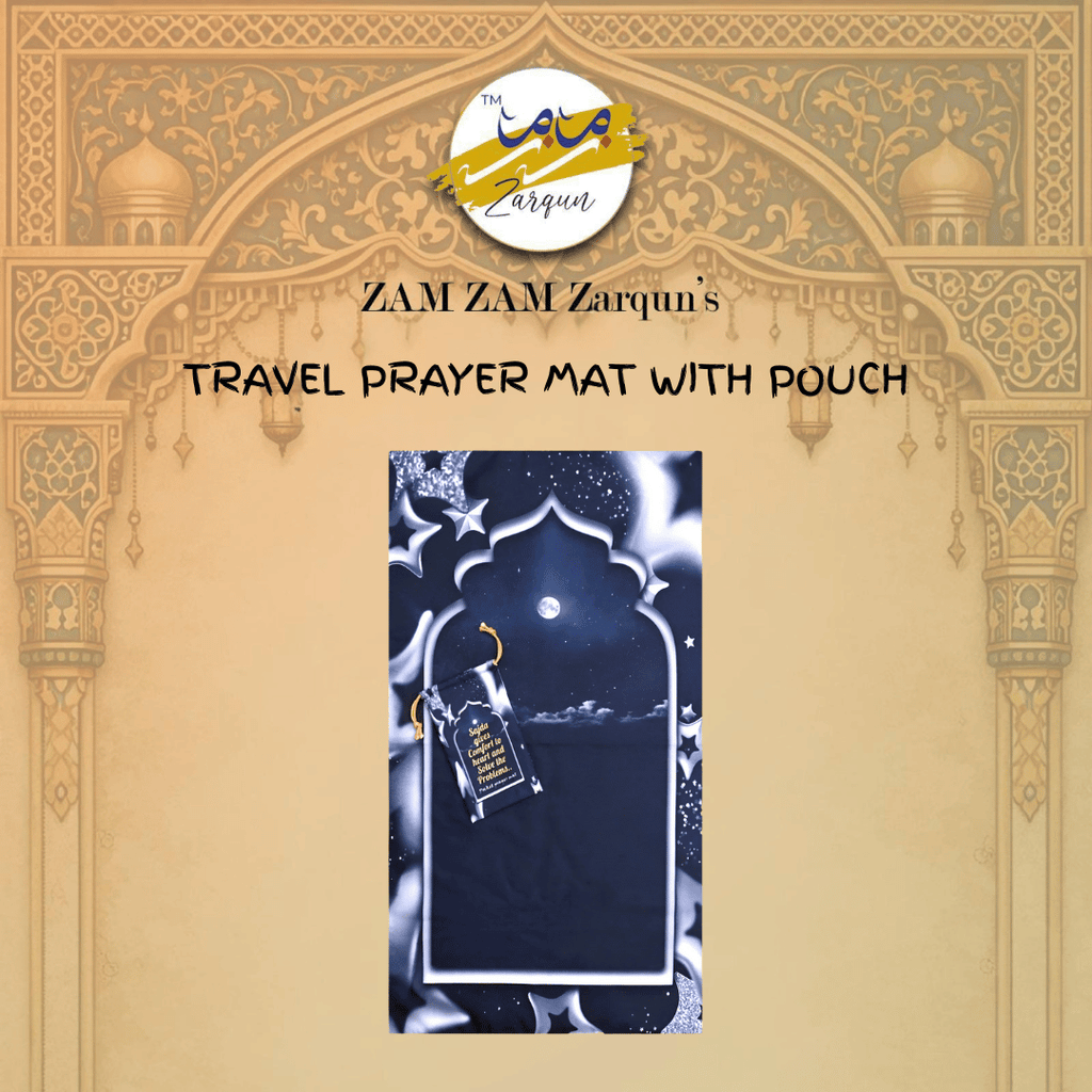 Travel prayer mat from Zamzam Zarqun LLC featuring a Stellar Night Pocket design, compact and portable for prayer convenience.