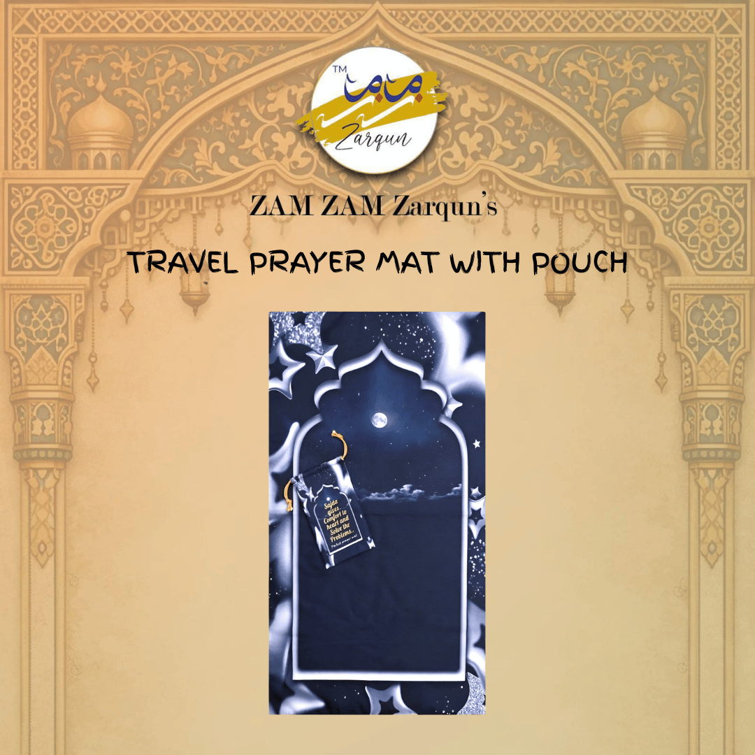 Travel prayer mat from Zamzam Zarqun LLC featuring a Stellar Night Pocket design, compact and portable for prayer convenience.