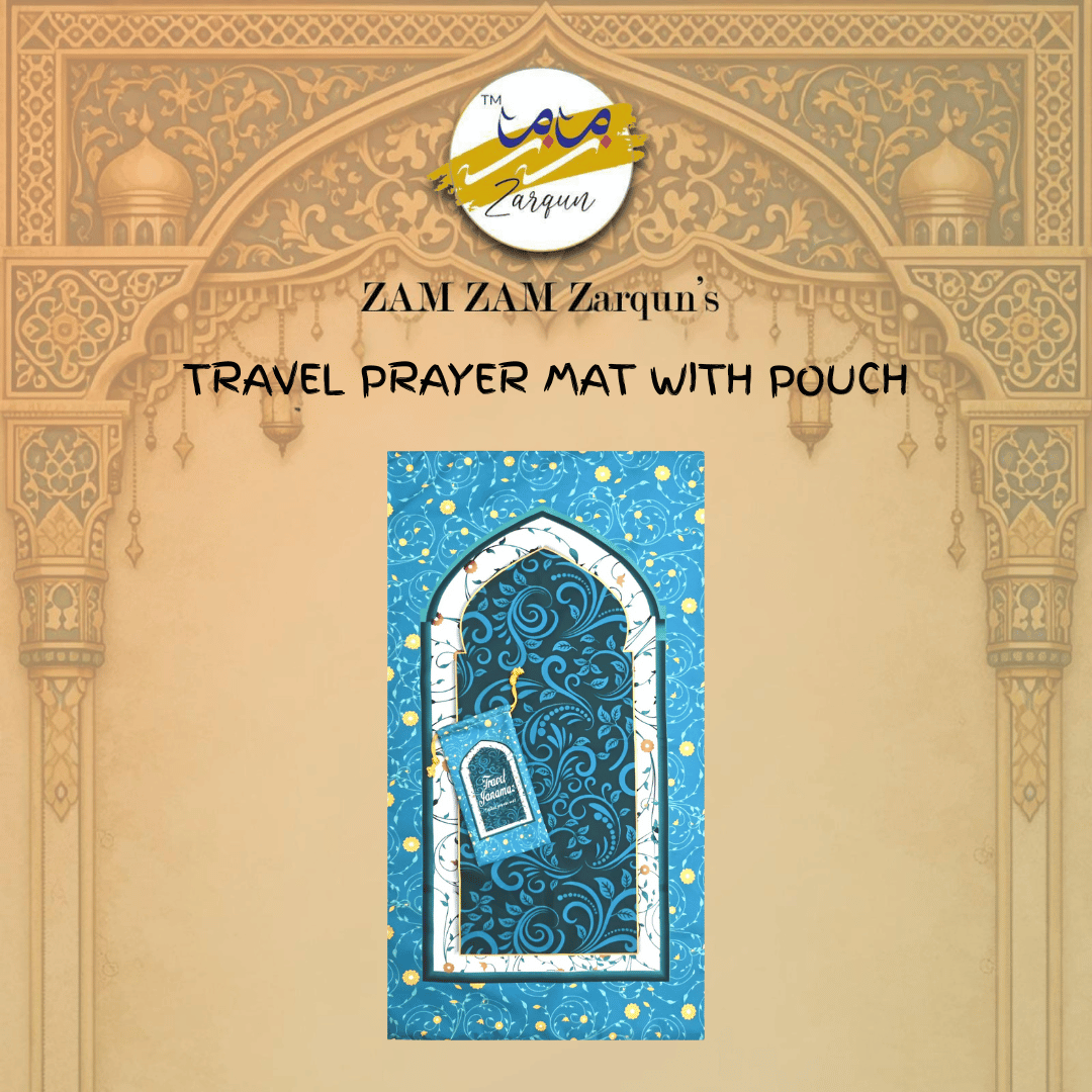 Green blooms pocket travel prayer mat with intricate design, compact and portable, ideal for on-the-go prayer needs.