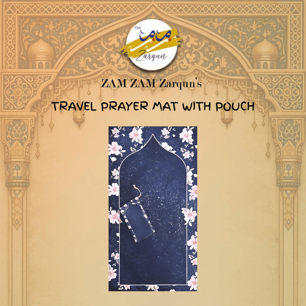 Travel prayer mat with midnight Turkish design, compact pocket size, made by Zamzam Zarqun LLC, ideal for on-the-go worship.