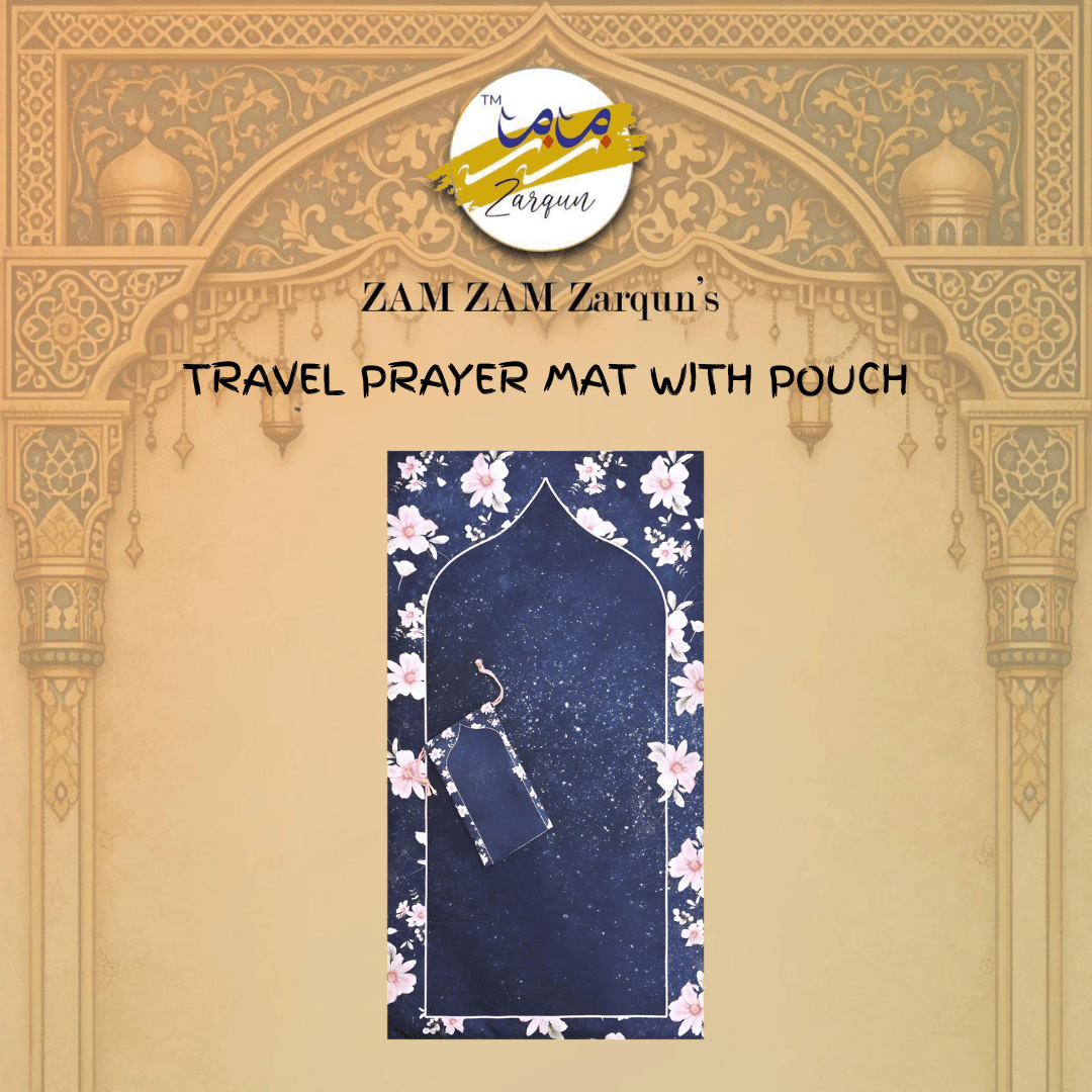 Travel prayer mat with midnight Turkish design, compact pocket size, made by Zamzam Zarqun LLC, ideal for on-the-go worship.