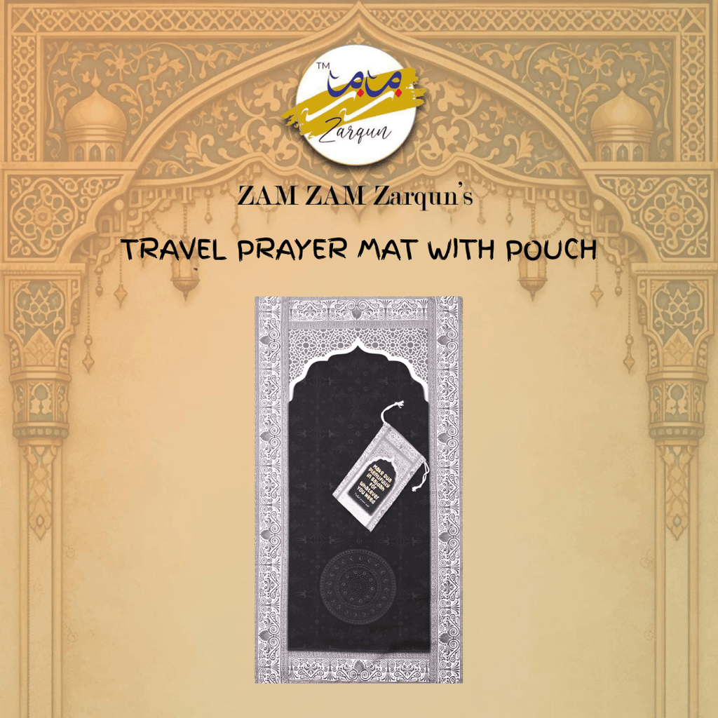 Travel Janamaz prayer mat by Zamzam Zarqun LLC, compact Havenly Ham Pocket prayer mat for easy travel and prayer.