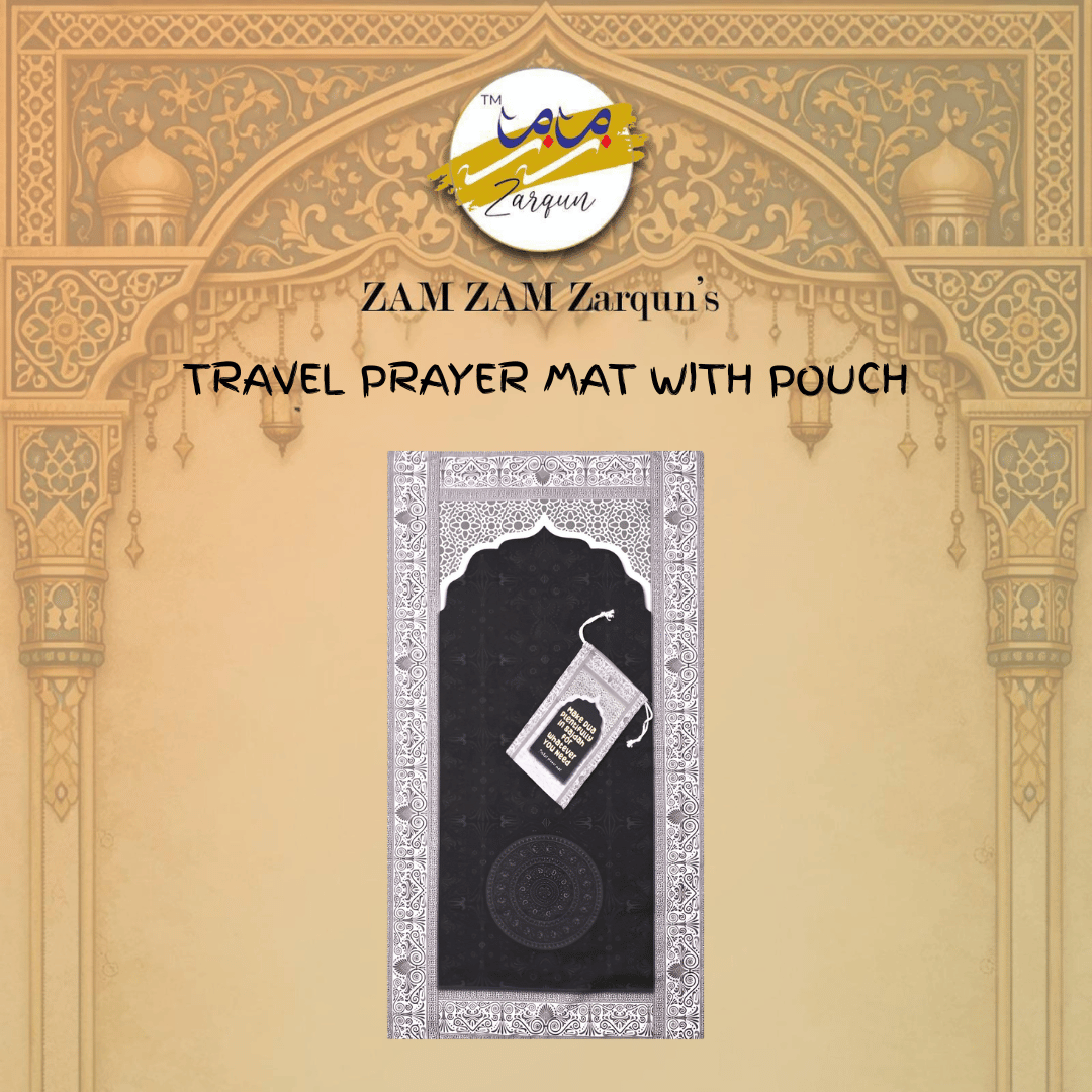 Travel Janamaz prayer mat by Zamzam Zarqun LLC, compact Havenly Ham Pocket prayer mat for easy travel and prayer.