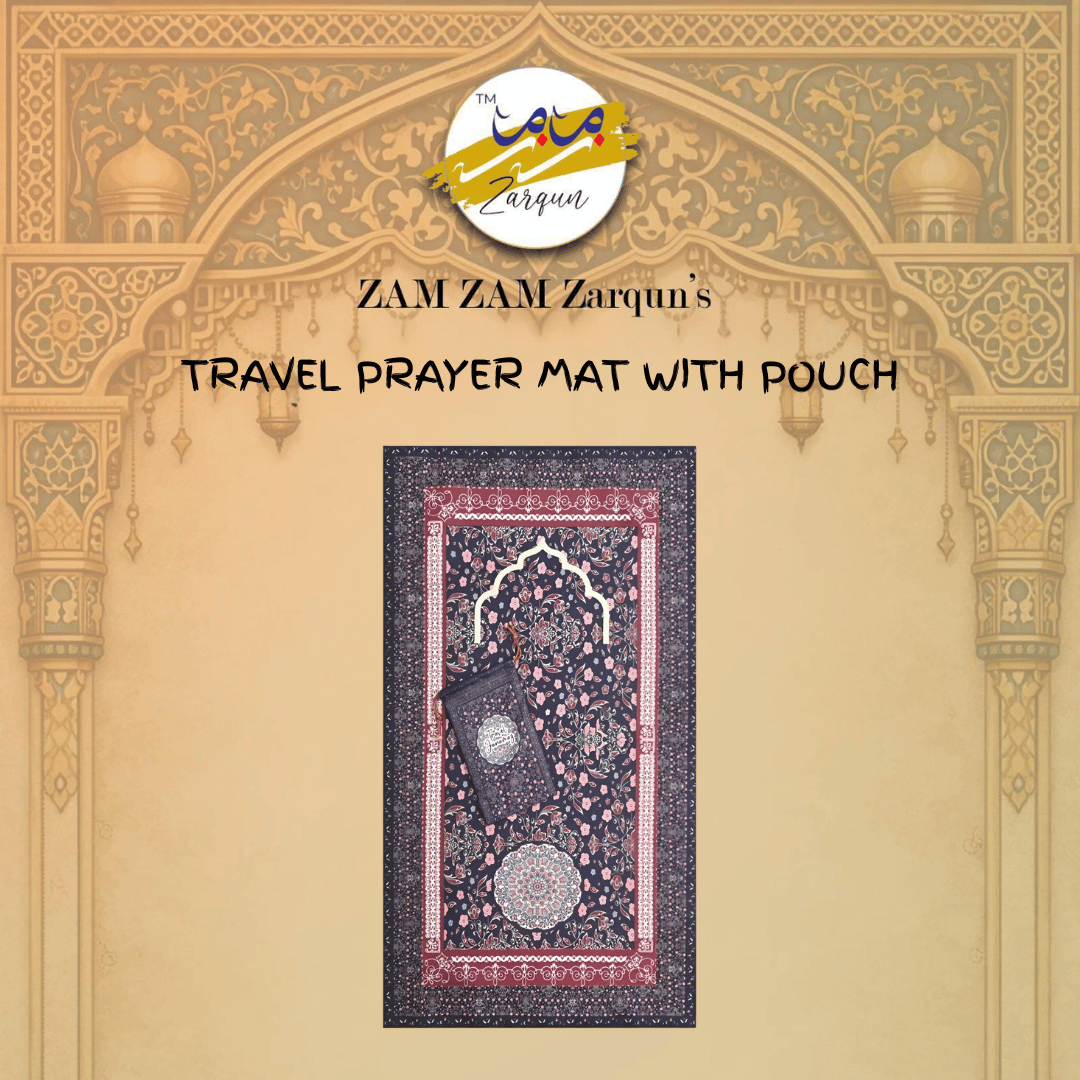 Travel prayer mat by Zamzam Zarqun LLC, compact semi-cart pocket design, lightweight Islamic prayer mat for travel.