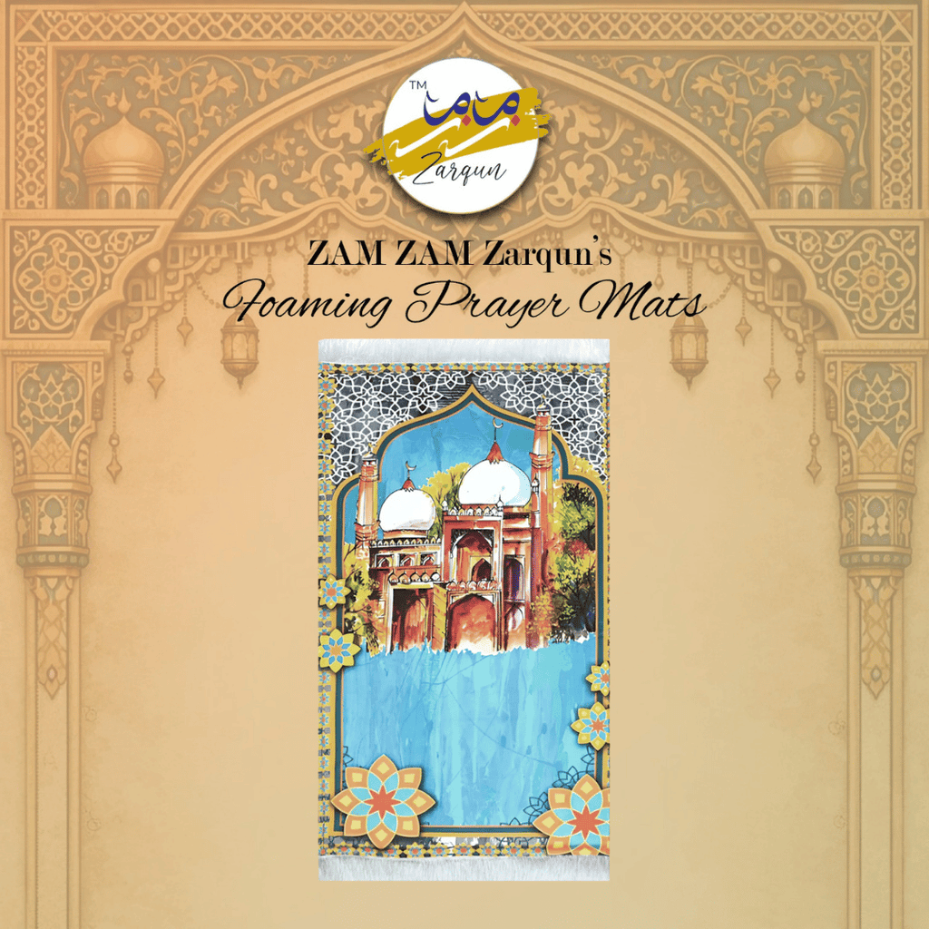 Foaming prayer mat from Zamzam Zarqun LLC featuring intricate designs, used for Islamic prayer sessions.
