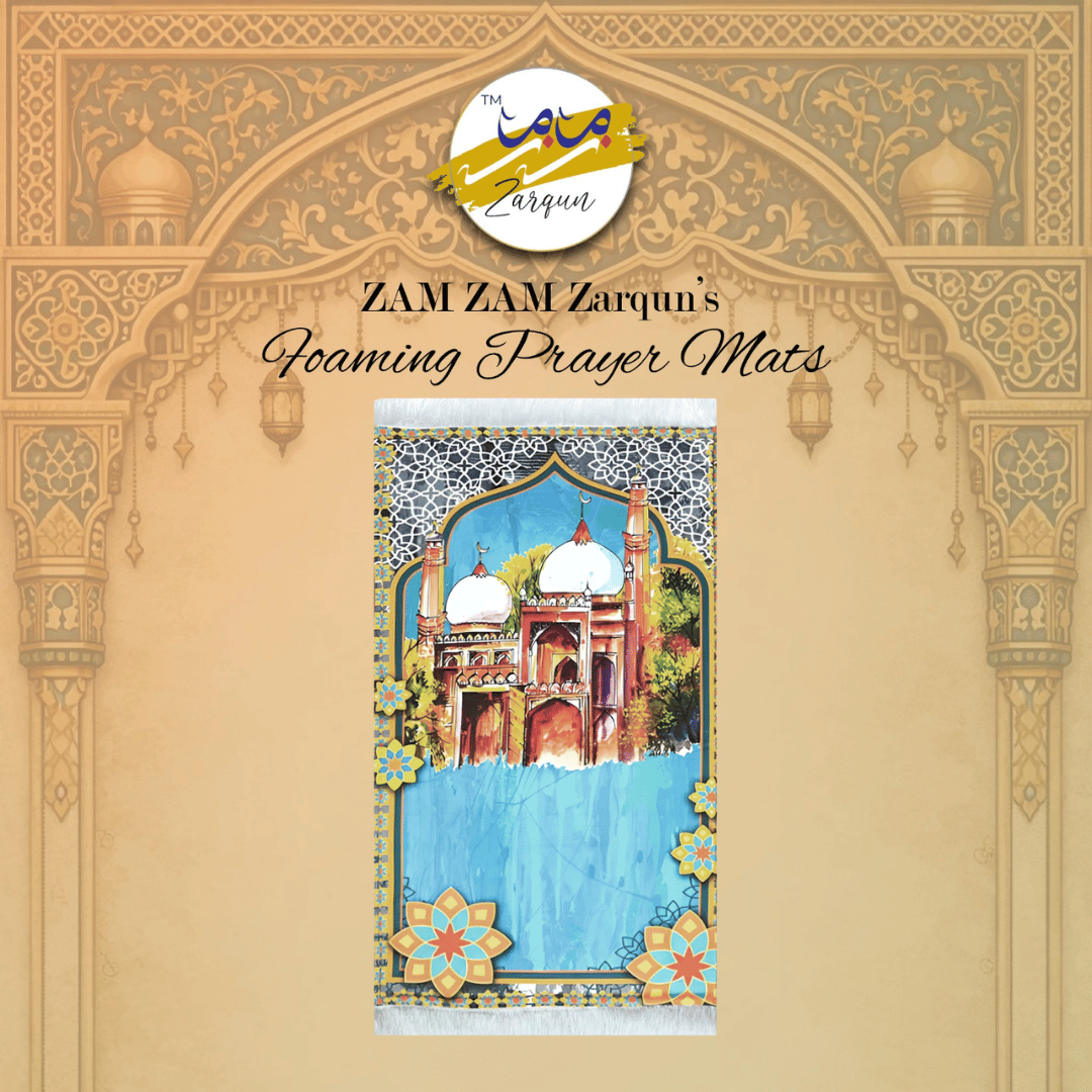 Foaming prayer mat from Zamzam Zarqun LLC featuring intricate designs, used for Islamic prayer sessions.