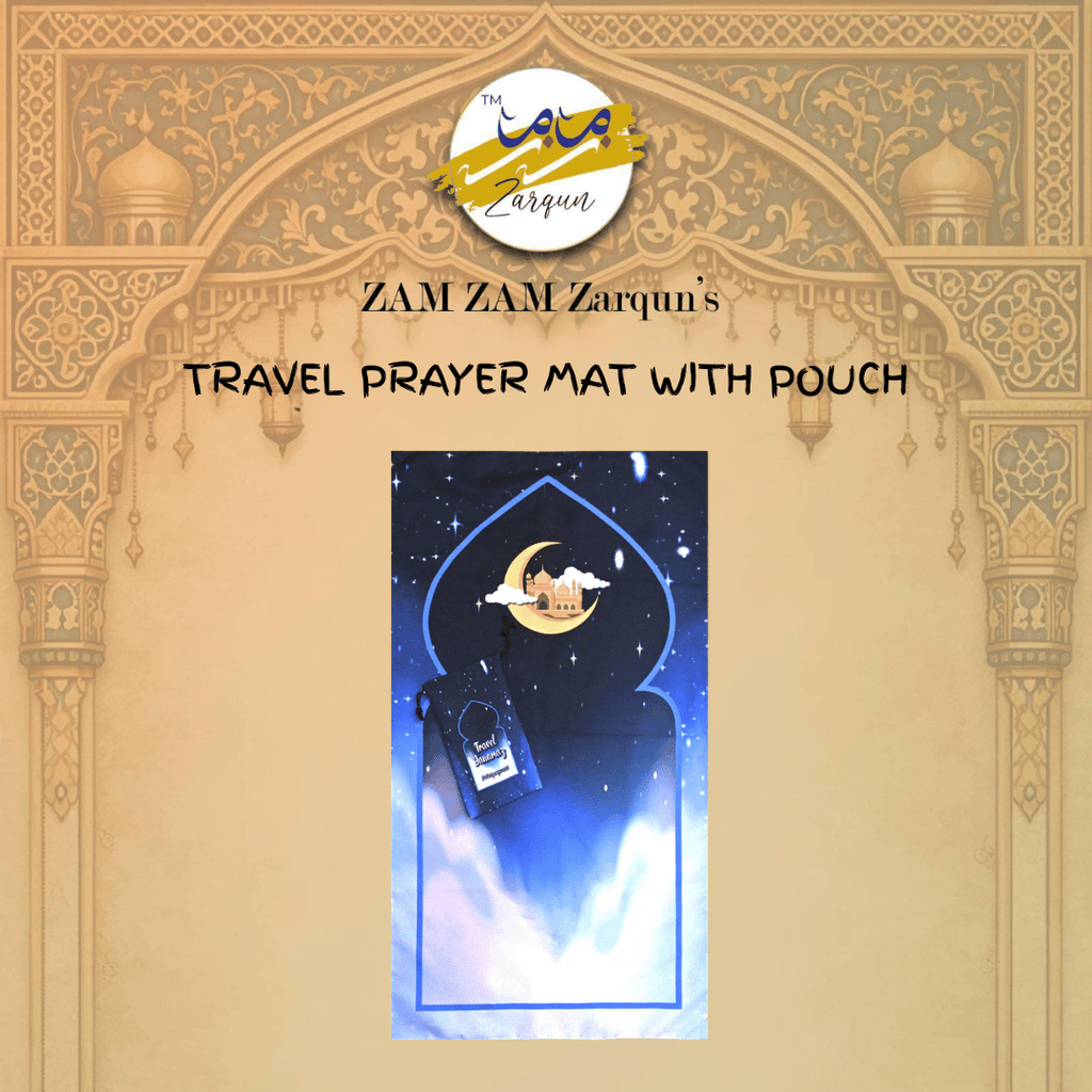 Travel Janamaz prayer mat by Zamzam Zarqun LLC, Serene Moonlight Pocket Prayer Mat, compact and portable for travel.
