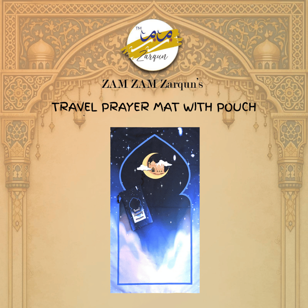 Travel Janamaz prayer mat by Zamzam Zarqun LLC, Serene Moonlight Pocket Prayer Mat, compact and portable for travel.