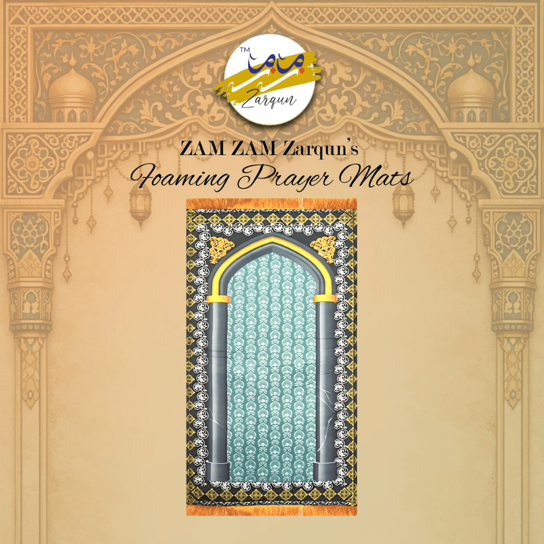 Foaming prayer mat from Zamzam Zarqun LLC, with intricate patterns suitable for Islamic prayer and daily use.