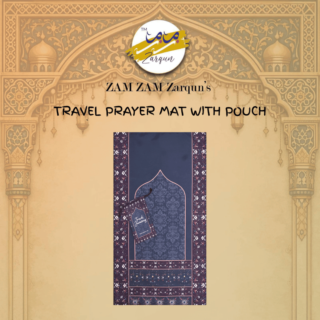 Travel prayer mat with foldable design from Zamzam Zarqun LLC, featuring a compact size and Mahrab Grow Pocket pattern.