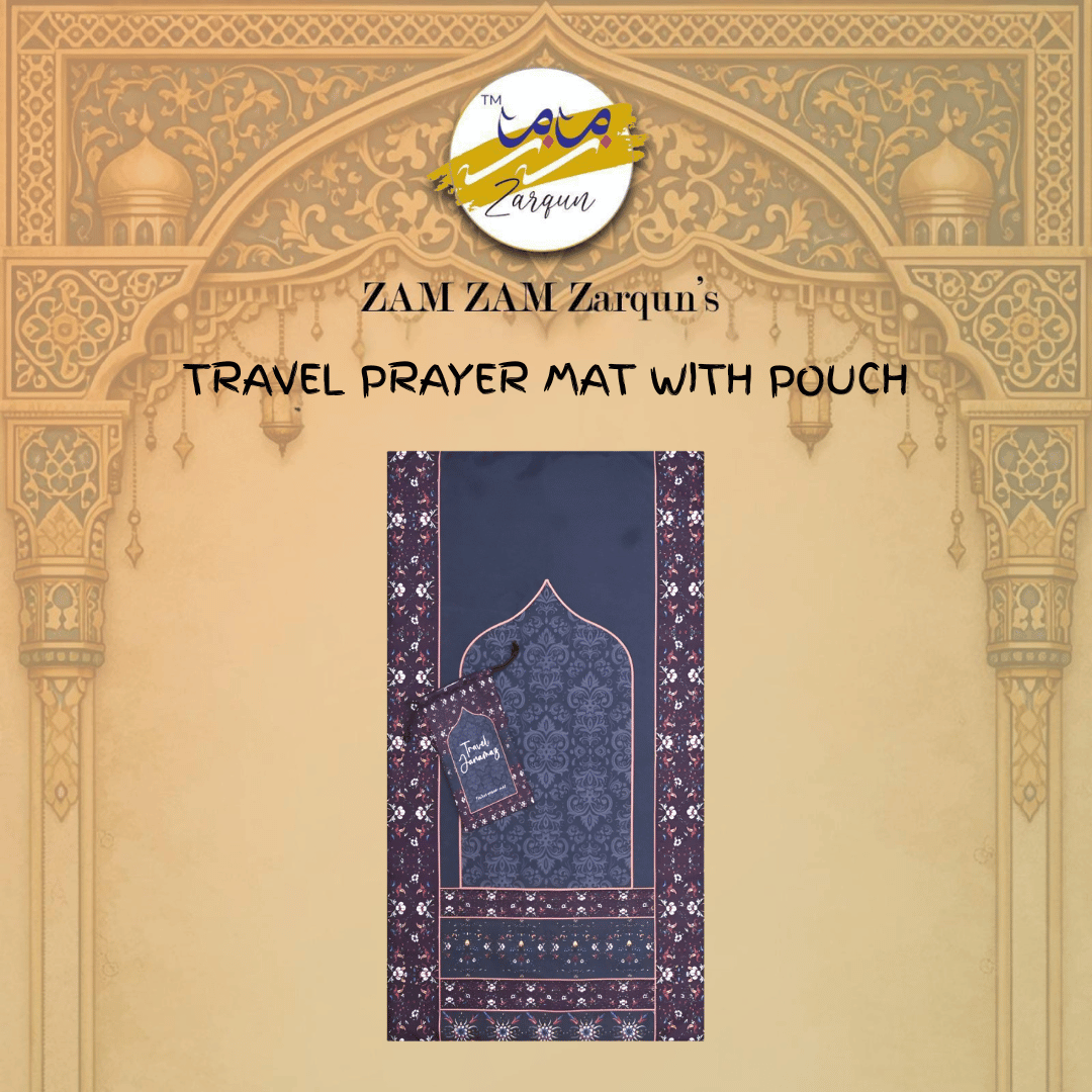 Travel prayer mat with foldable design from Zamzam Zarqun LLC, featuring a compact size and Mahrab Grow Pocket pattern.
