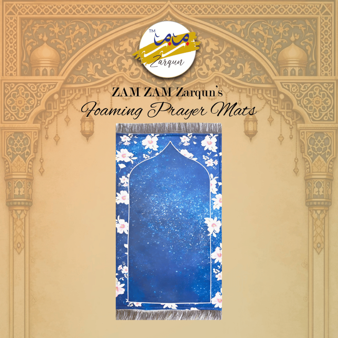 Turkish-style foaming prayer mat from Zamzam Zarqun LLC with intricate patterns and soft surface for Islamic prayer.