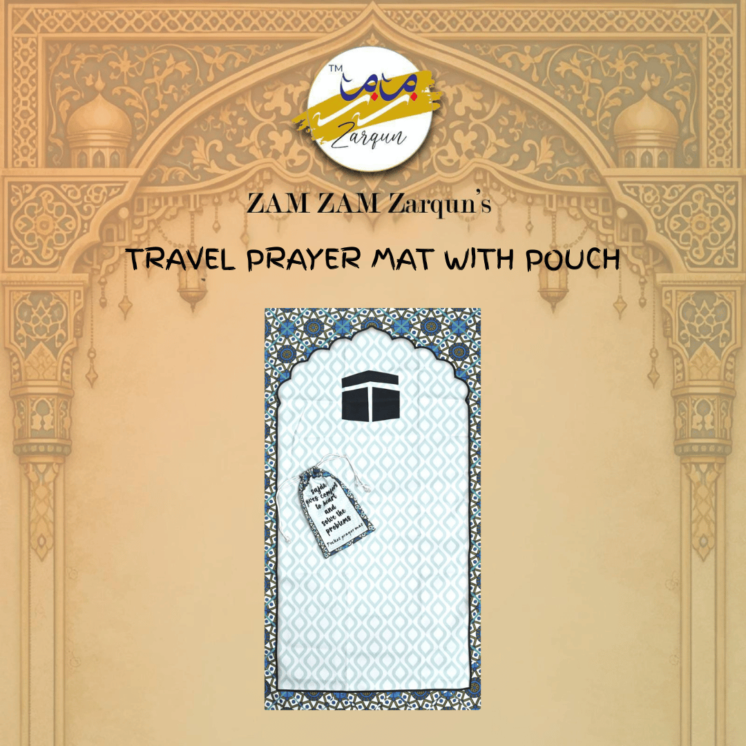 Travel prayer mat with Sacred Kaaba design by Zamzam Zarqun LLC, compact and portable Islamic prayer mat for travel.