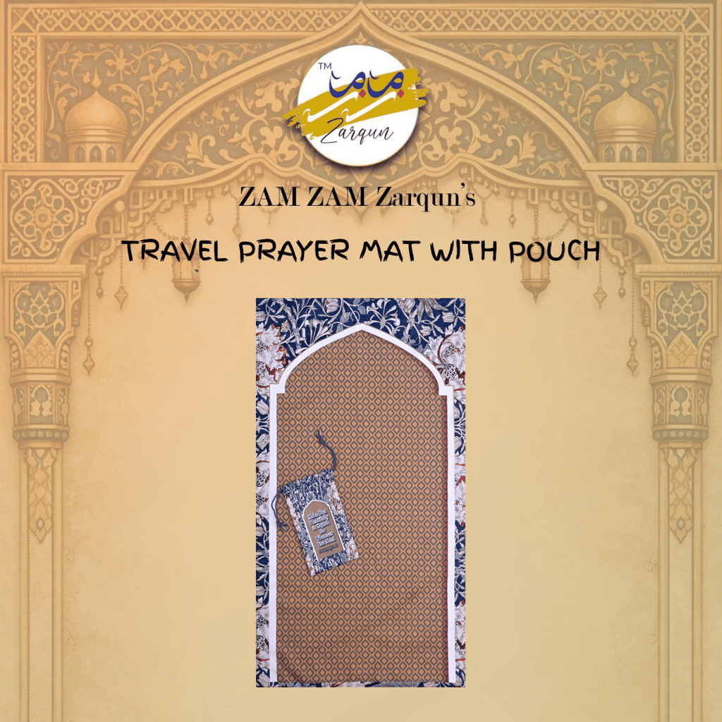 Travel prayer mat with compact design, patterned fabric, and foldable features from Zamzam Zarqun LLC's Serene Sands collection.