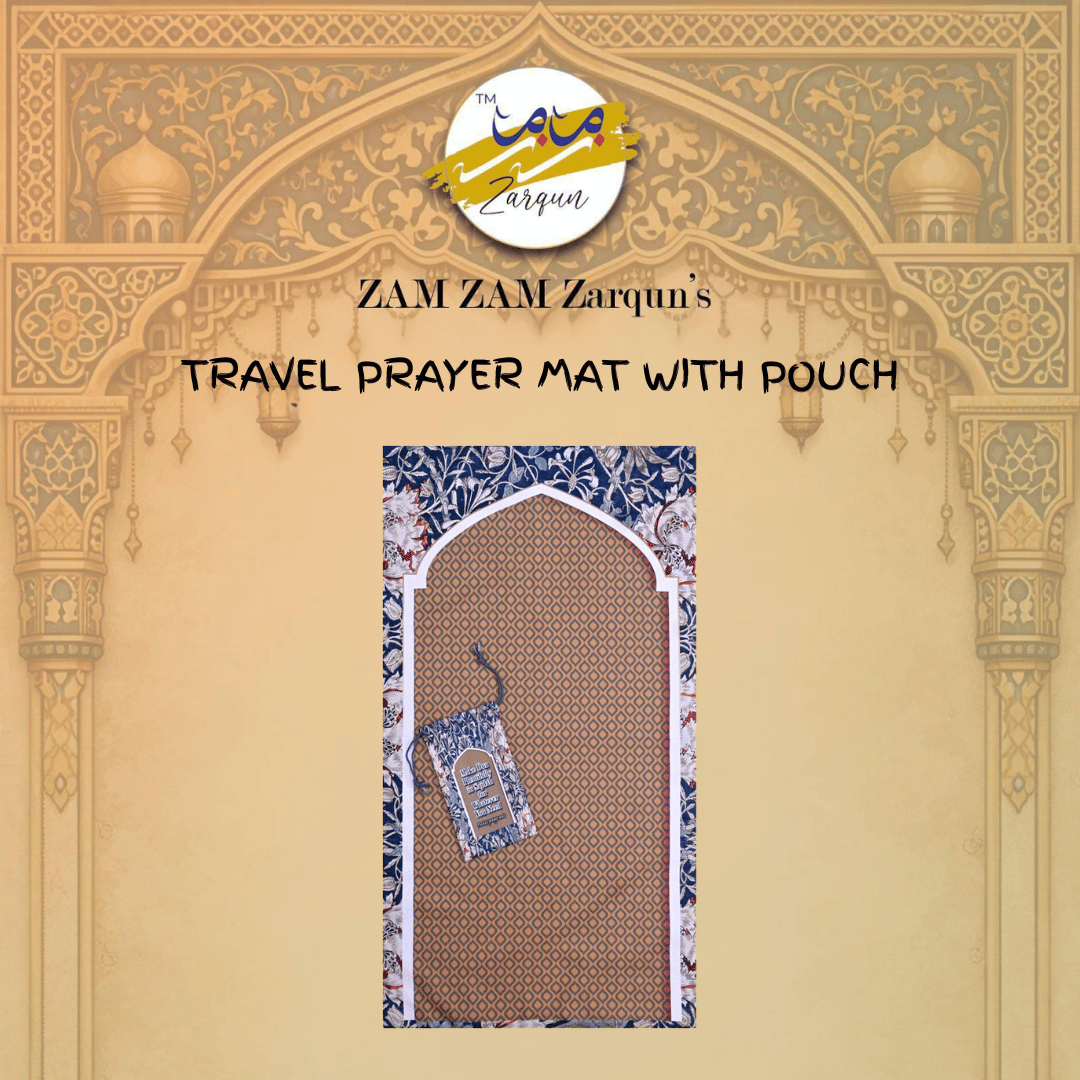 Travel prayer mat with compact design, patterned fabric, and foldable features from Zamzam Zarqun LLC's Serene Sands collection.