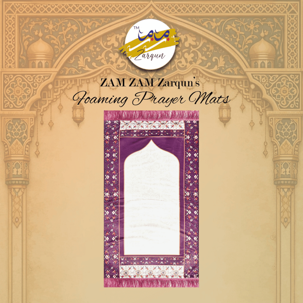 Foaming Turkish-style prayer mat by Zamzam Zarqun LLC, featuring intricate patterns and soft, cushioned surface for prayer.