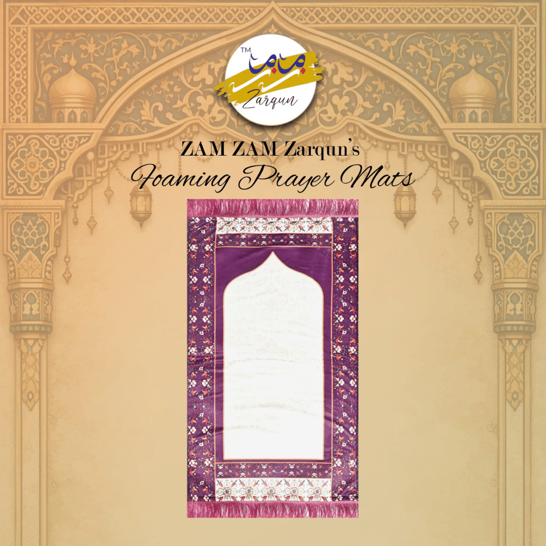 Foaming Turkish-style prayer mat by Zamzam Zarqun LLC, featuring intricate patterns and soft, cushioned surface for prayer.