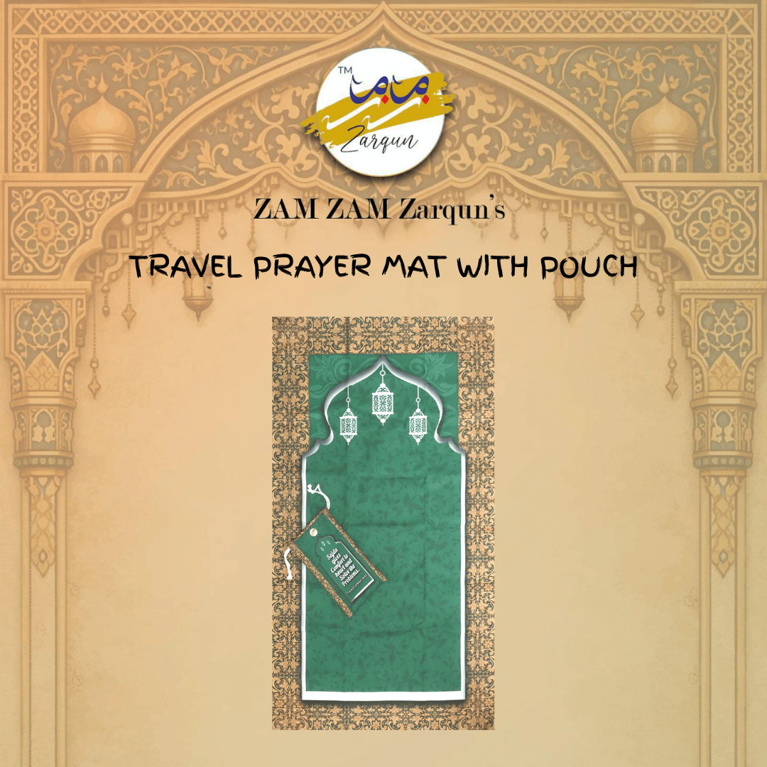 Green travel janamaz prayer mat with lantern design, compact pocket size by Zamzam Zarqun LLC for easy portable prayer.