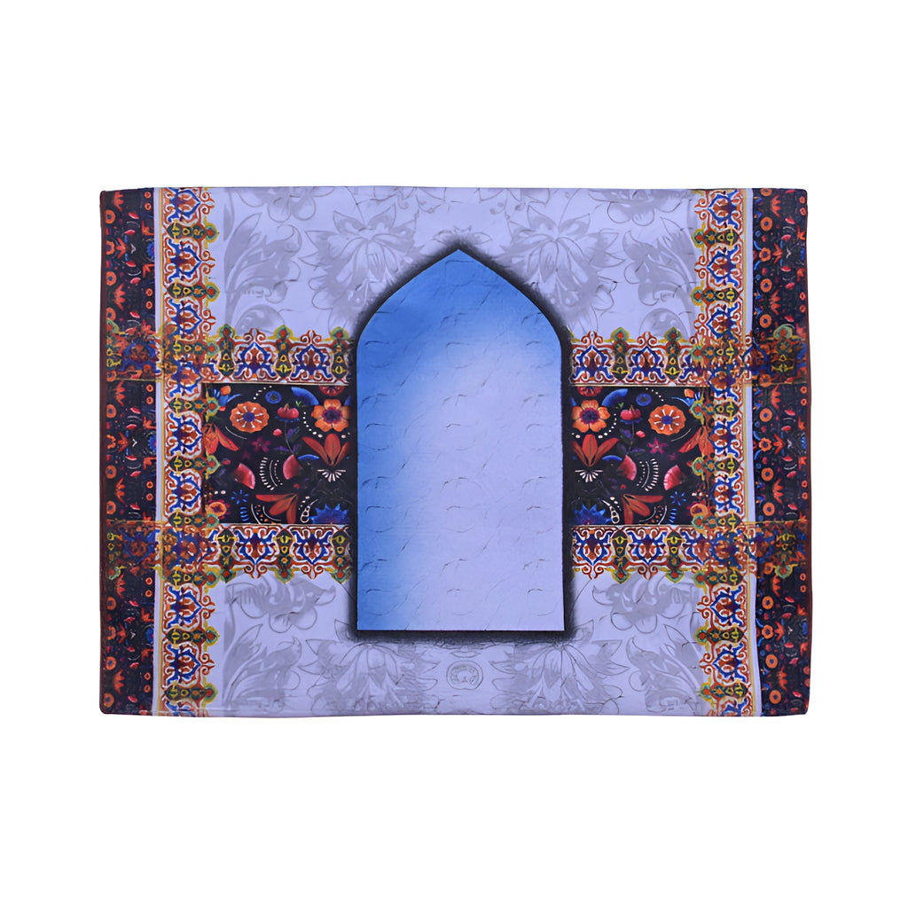 Sky blue Quran cover with boho style design, made by Zamzam Zarqun LLC, featuring intricate patterns and durable fabric.