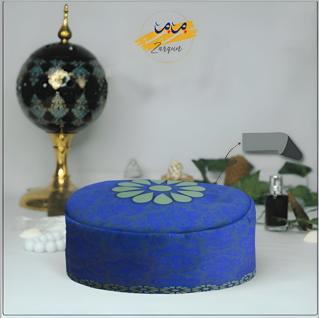 Zamzam Zarqun LLC Faisal Mosque prayer cap, traditional topi, made of lightweight fabric, displayed on a plain background.