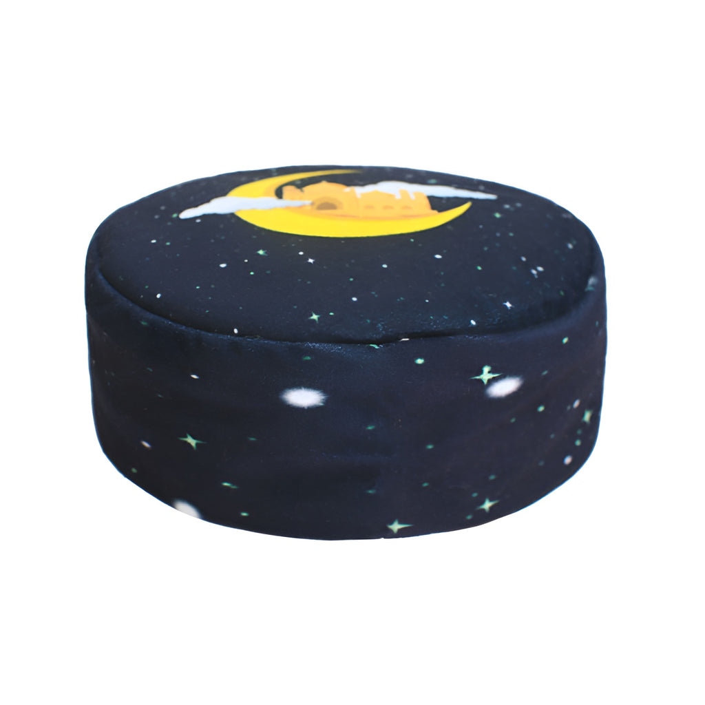 Celestial Moonlight Prayer Cap by Zamzam Zarqun LLC, featuring intricate moon and star embroidery on soft fabric.