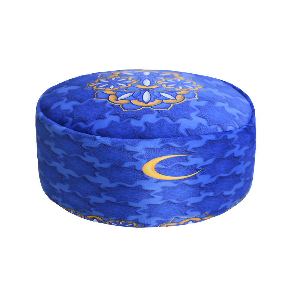 Zamzam Zarqun LLC Galactic Glow Prayer Cap, topi, in vibrant design, worn for religious prayers, shown on a mannequin head.
