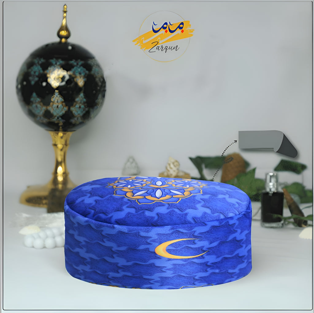 Galactic Glow prayer cap by Zamzam Zarqun LLC, navy blue topi with celestial star pattern, traditional Islamic prayer headwear