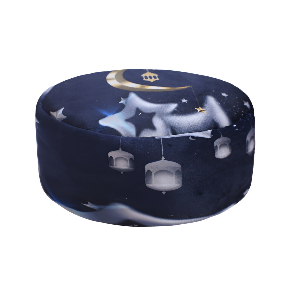 Zamzam Zarqun LLC Stellar Night Prayer Cap, top view showing navy blue fabric and embroidered details, traditional Islamic prayer cap