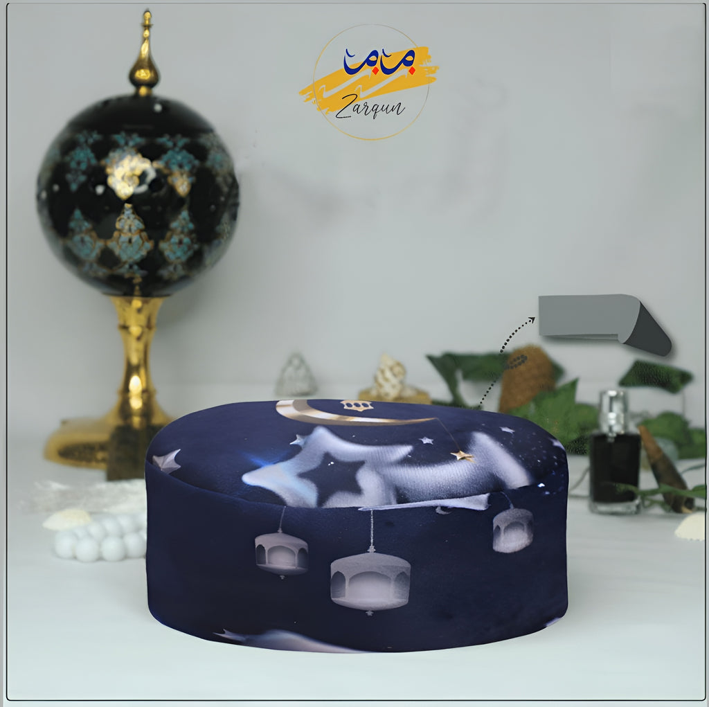 Zamzam Zarqun LLC Stellar Night Prayer Cap topi in dark fabric, featuring embroidered star patterns for Muslim prayer.