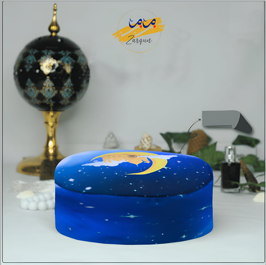 White Serene Moonlight Prayer Cap by Zamzam Zarqun LLC, featuring a smooth fabric and traditional topi style for Islamic prayer.