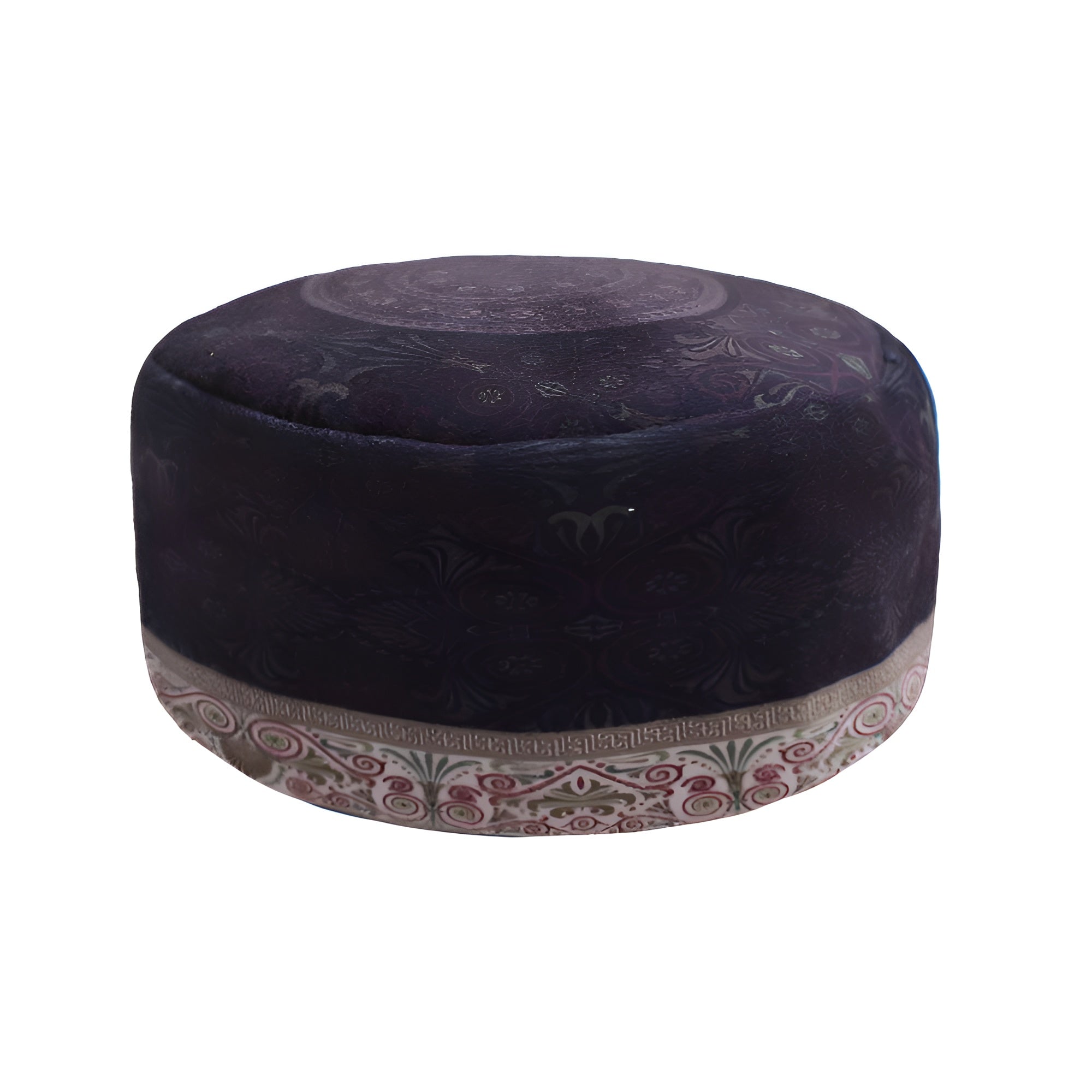 Havenly Ham Prayer Cap from Zamzam Zarqun LLC, traditional Islamic prayer cap with intricate embroidery, worn for religious practices.