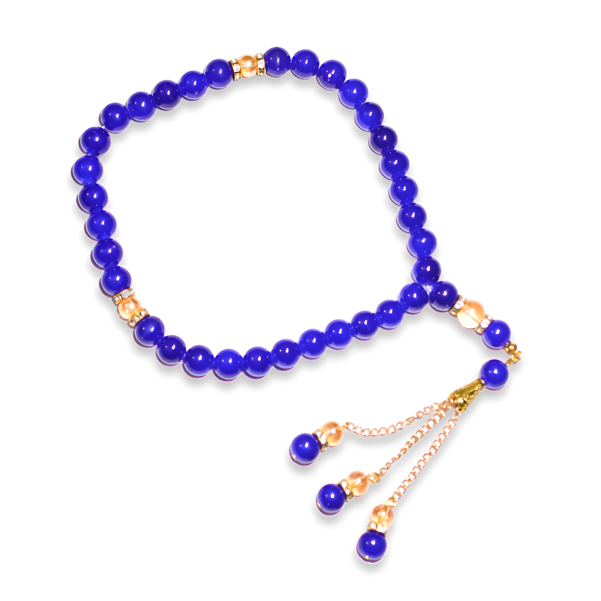 Galactic Glow prayer beads from Zamzam Zarqun LLC with intricate designs, placed on a white background.
