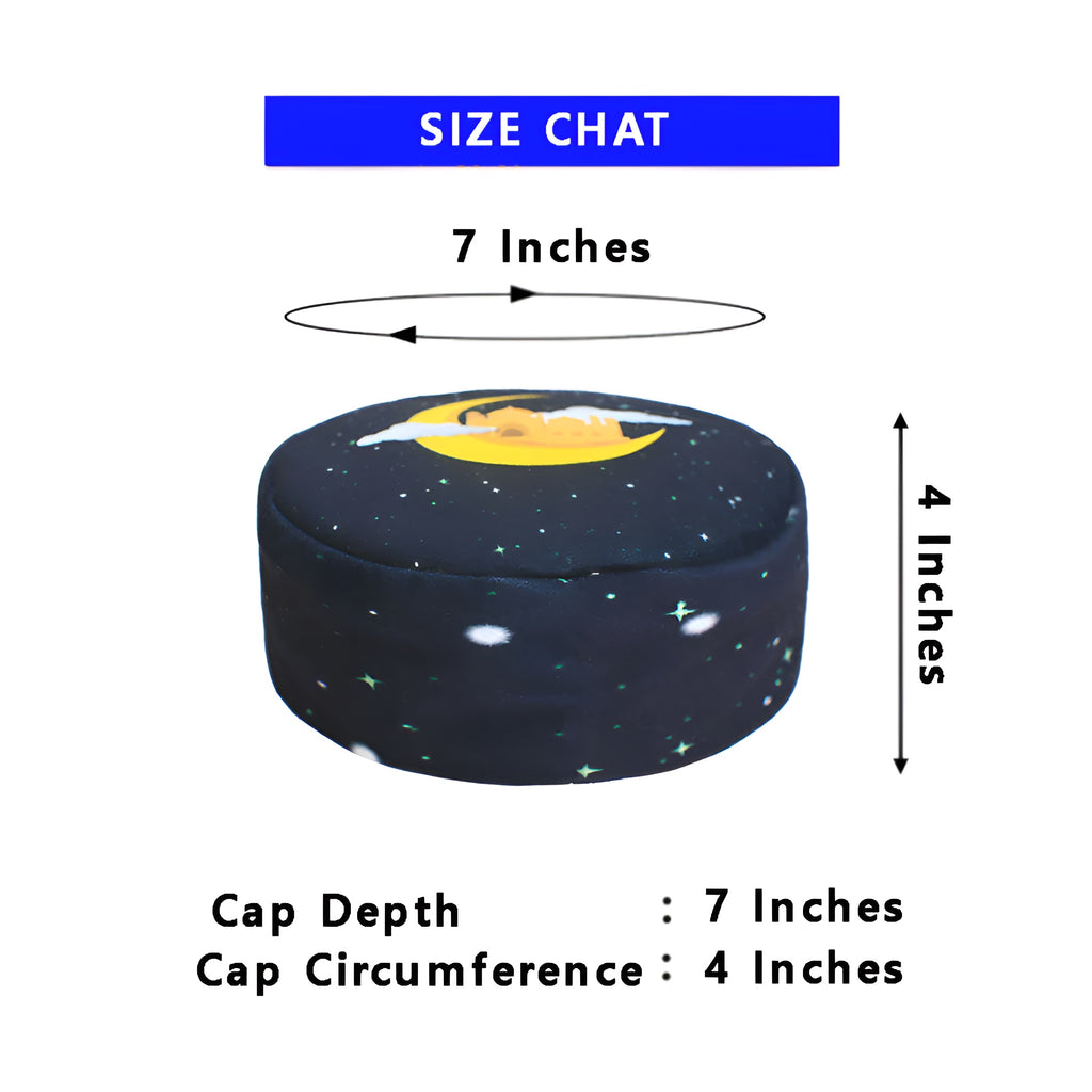 Celestial moonlight prayer cap from Zamzam Zarqun LLC, featuring intricate designs, perfect for Islamic prayer and worship.