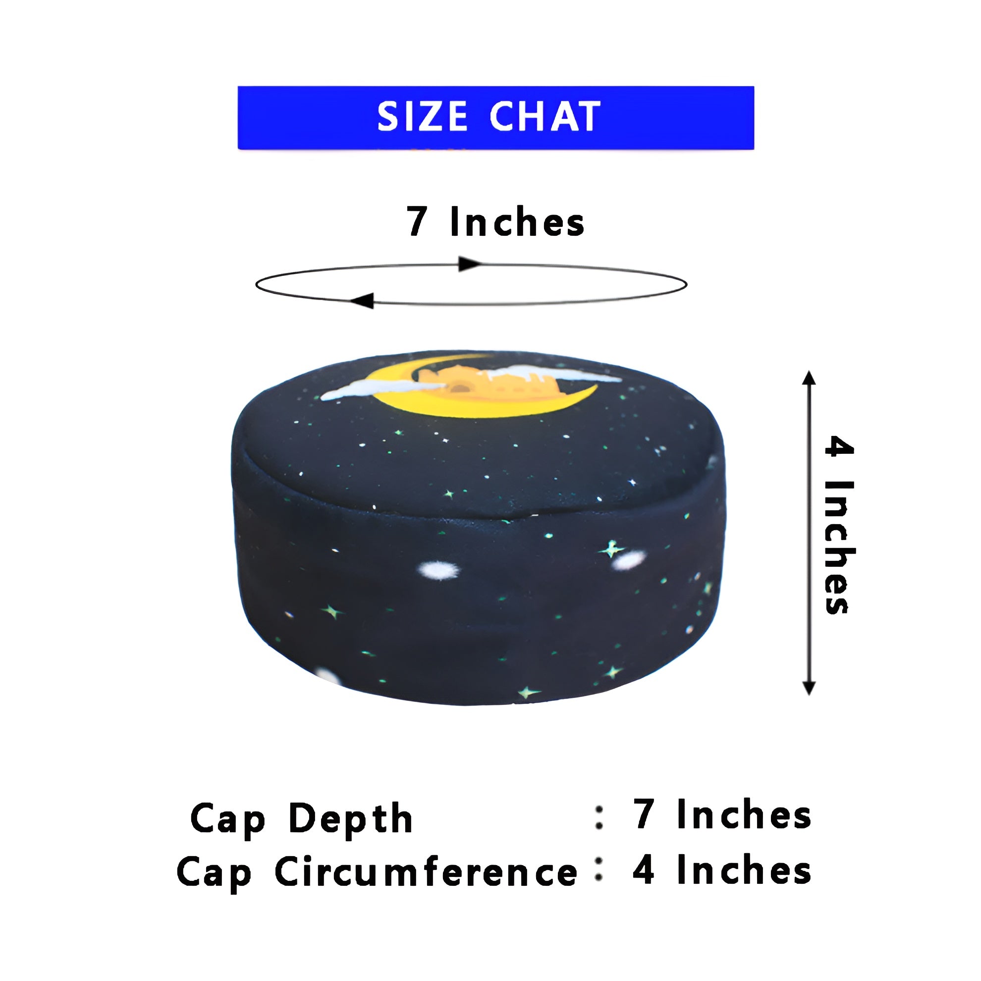 Celestial moonlight prayer cap from Zamzam Zarqun LLC, featuring intricate designs, perfect for Islamic prayer and worship.
