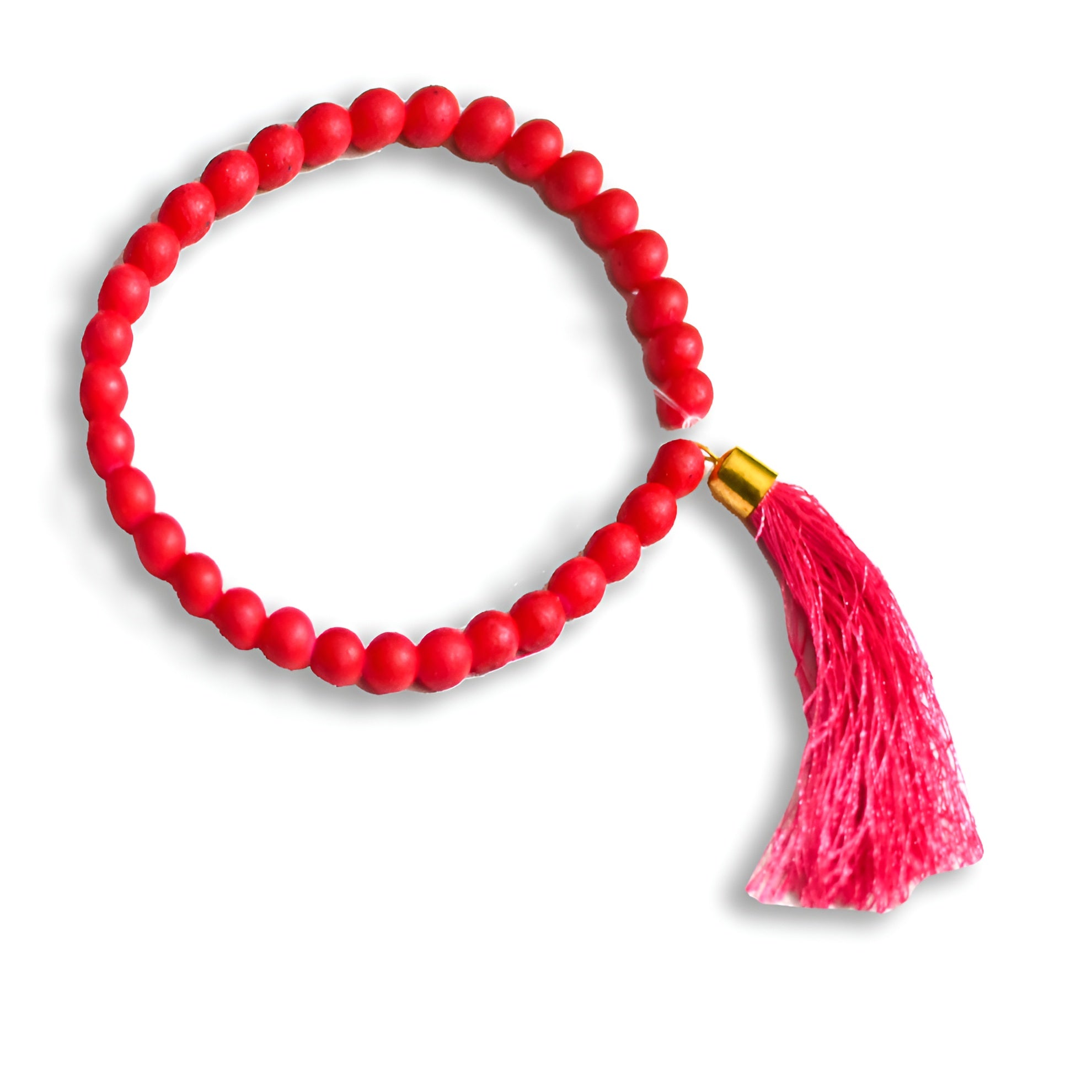Majestic rose prayer beads from Zamzam Zarqun LLC, featuring a string of rose-colored prayer beads with a decorative tassel.
