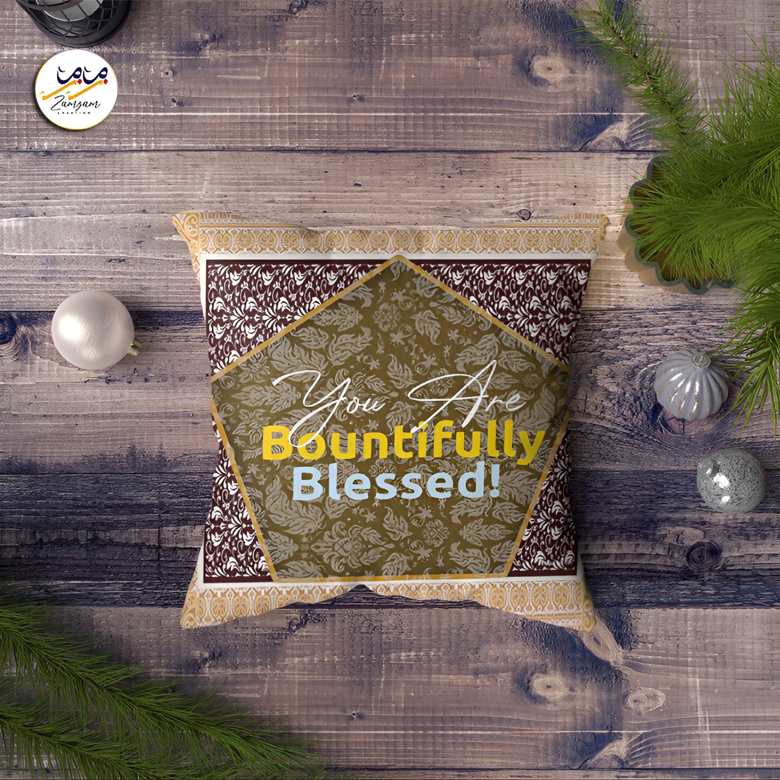 Elegant cushion cover with intricate Islamic pattern from Zamzam Zarqun LLC, ideal for decorative home accents.