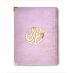 Pink pearl velvet Quran set with box stand, featuring intricate detailing and luxurious fabric, by Zamzam Zarqun LLC.